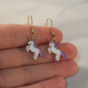 Gold Plated Purple Unicorn Horse Charm Dangle Earrings Party Gift